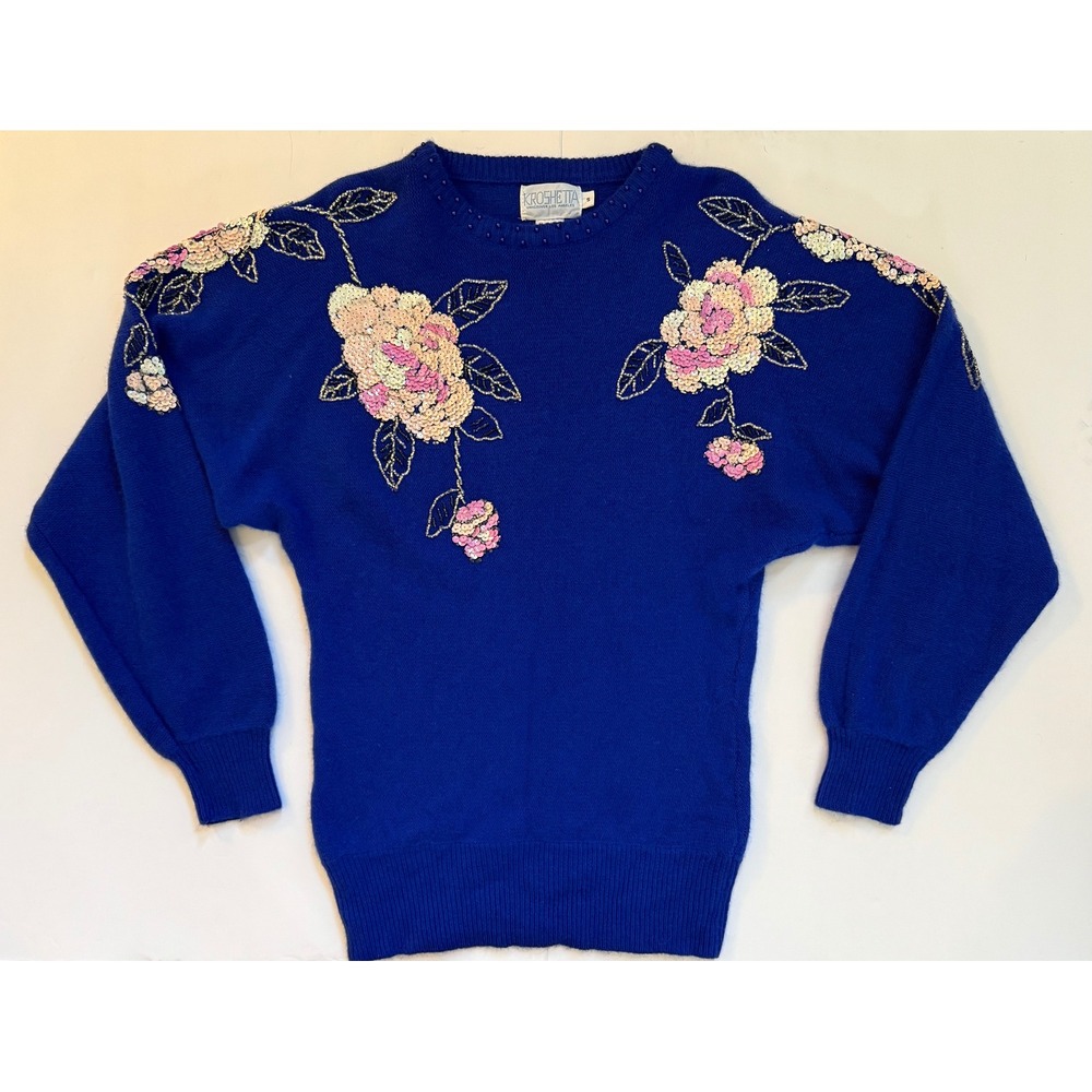 Vintage Krochetta Beaded Sequin Floral‎ Lambswool Angora Sweater Blue Small